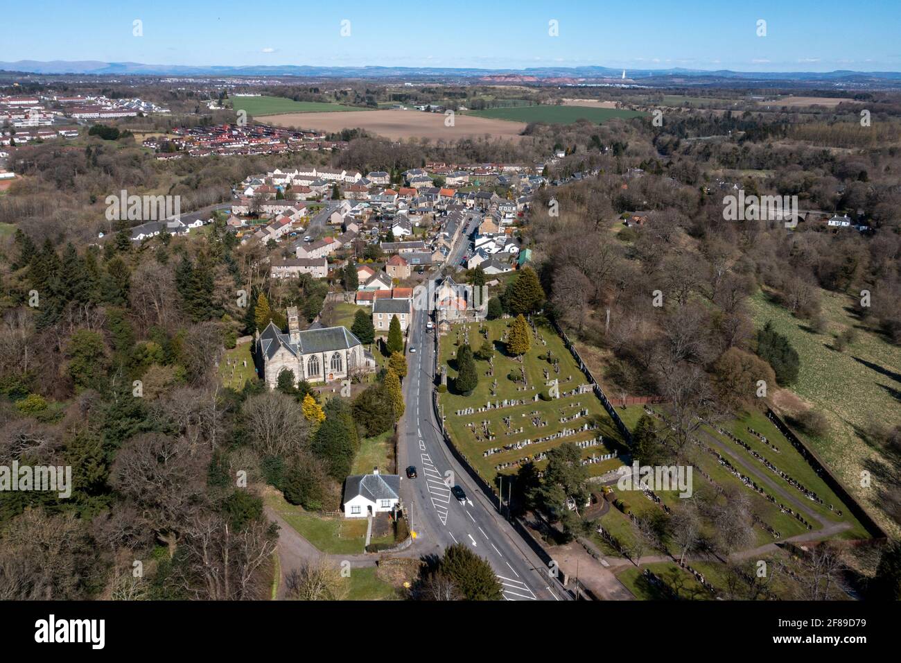 Aerial view of Mid Calder village, West Lothian, Scotland. Stock Photo