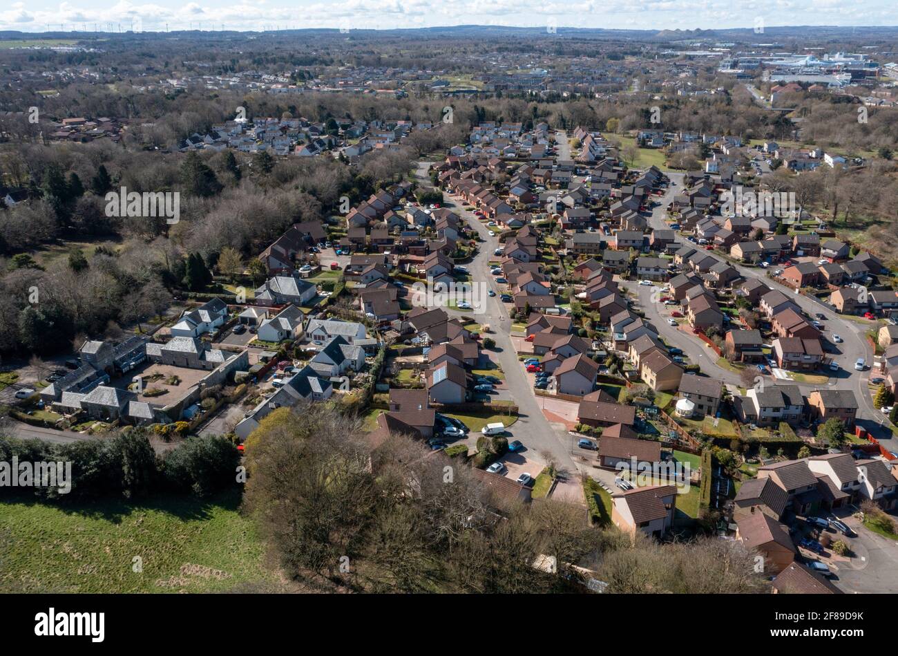 Aerial view of a modern housing estate, Mid Calder village, West