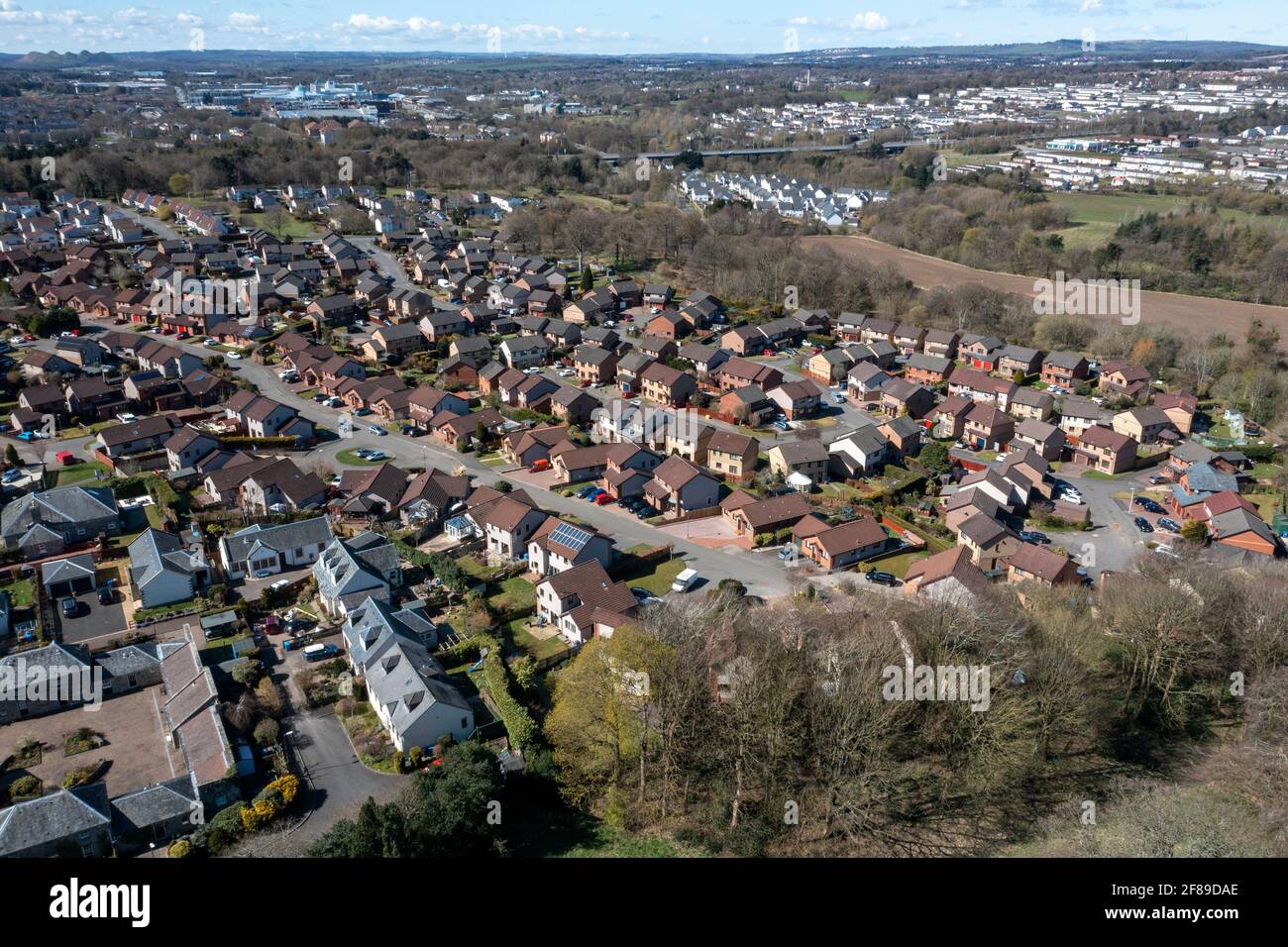 Aerial view of a modern housing estate, Mid Calder village, West Lothian, Scotland Stock Photo