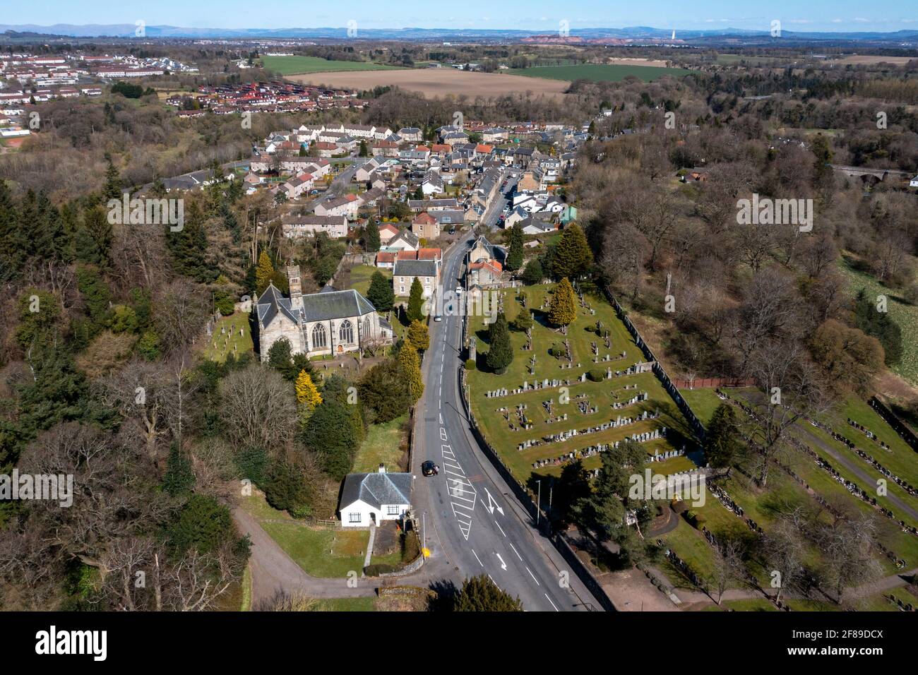 Aerial view of Mid Calder village, West Lothian, Scotland. Stock Photo