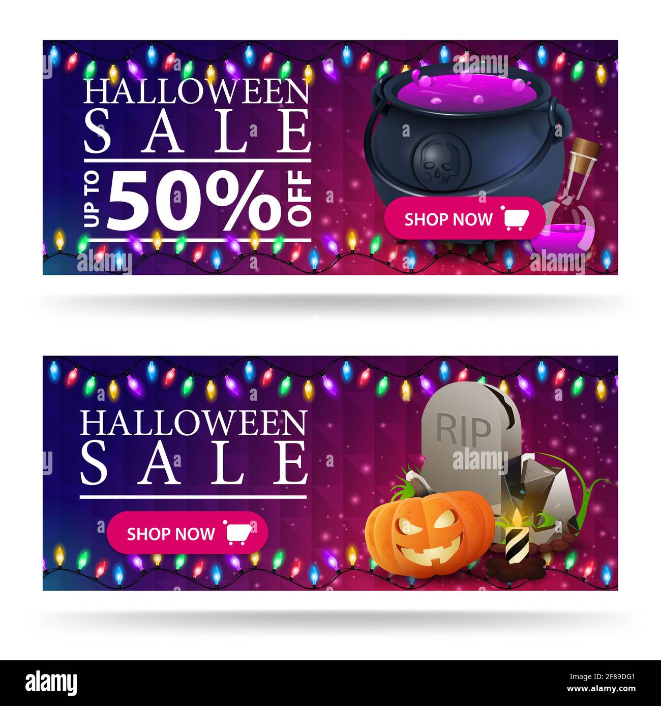 Halloween sale, up to 50 off, purple horizontal discount web banners with witch's cauldron with potion, tombstone and pumpkin Jack Stock Photo