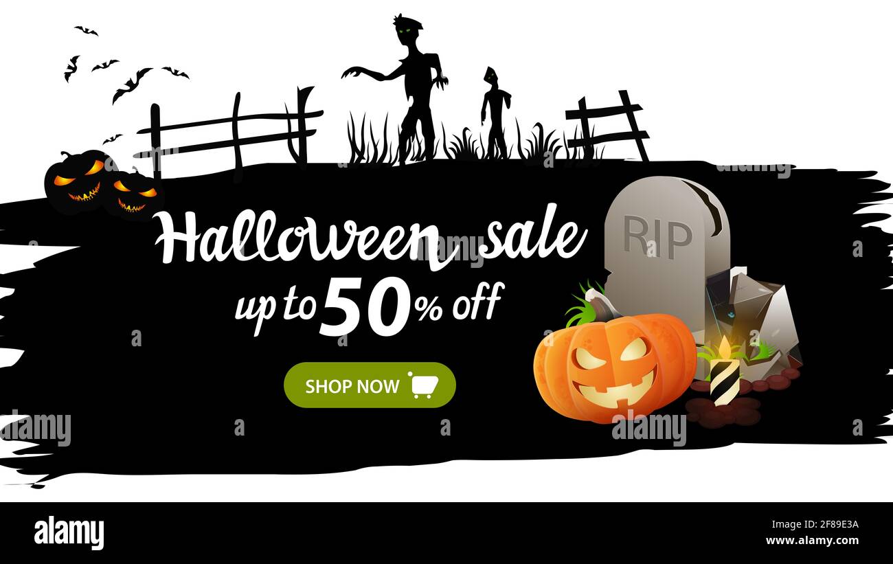 Halloween sale, up to 50 off, black torn banner with witch's tombstone and pumpkin Jack Stock Photo