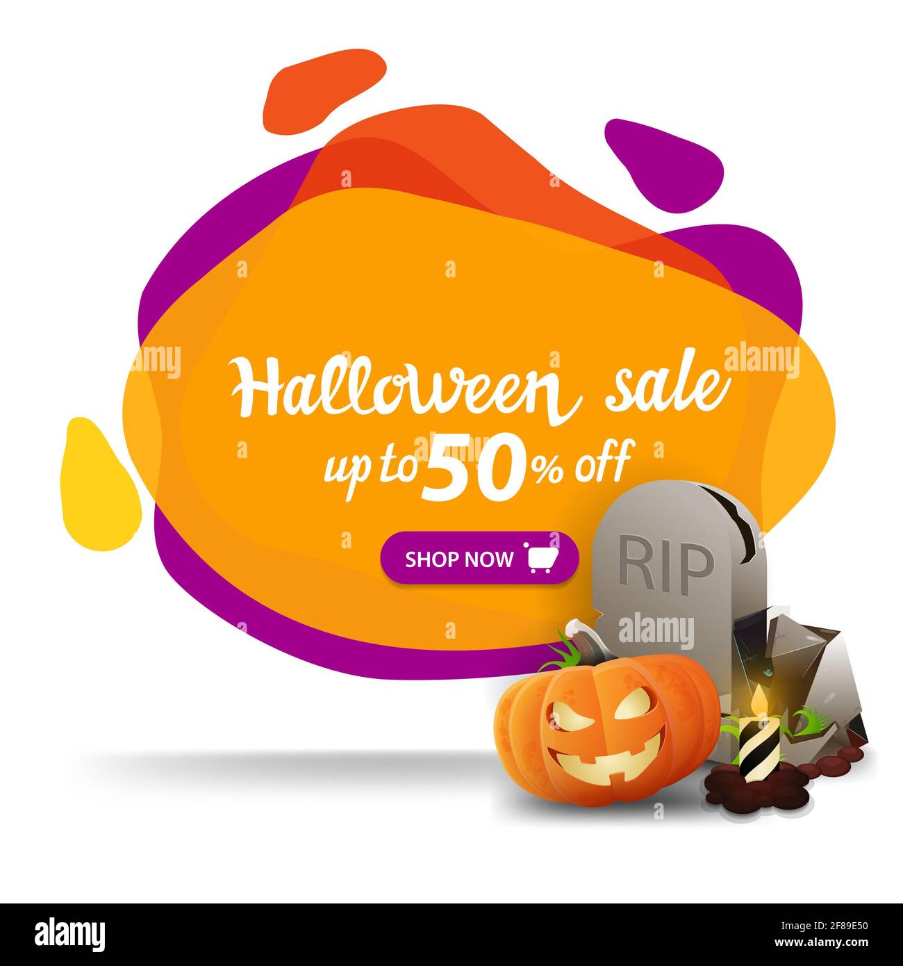 Halloween sale, up to 50 off, creative colorful banner with dynamic liquid shapes Stock Photo