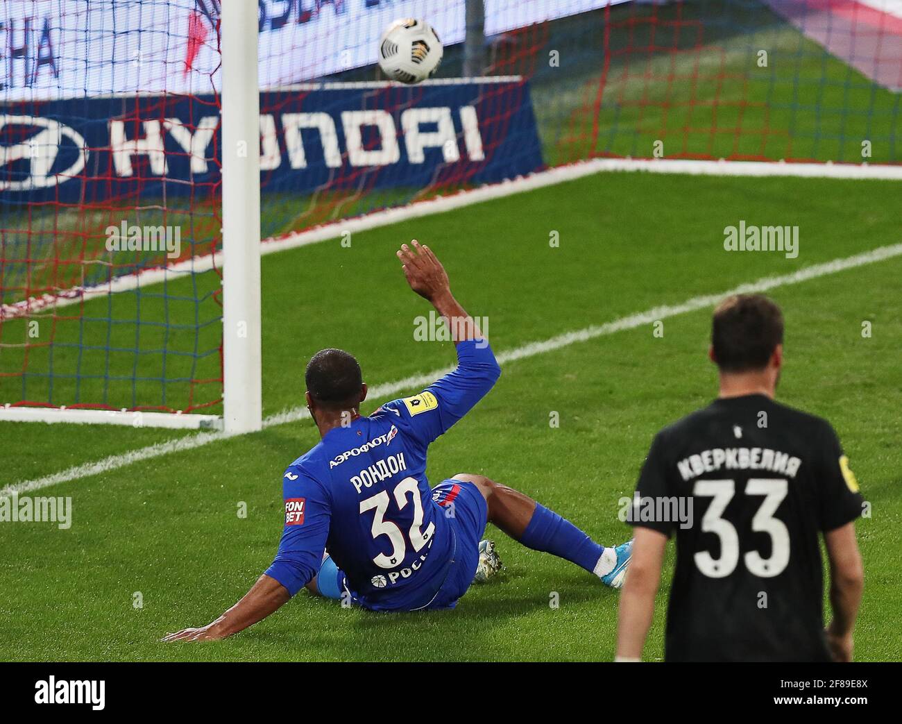 Moscow, Russia. 12th Apr, 2021. CSKA Moscow's Salomon Rondon (L) scores a  goal in a 2020/2021 Russian Premier League Round 25 football match between  CSKA Moscow and Rotor Volgograd at CSKA Arena (