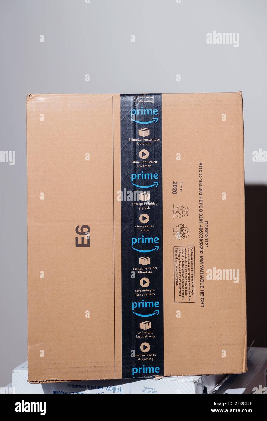 Close-up of well pretected by scotch tape Amazon Prime cardboard box parcel  - the on-line retailer giant was founded by Jeff Bezos Stock Photo - Alamy