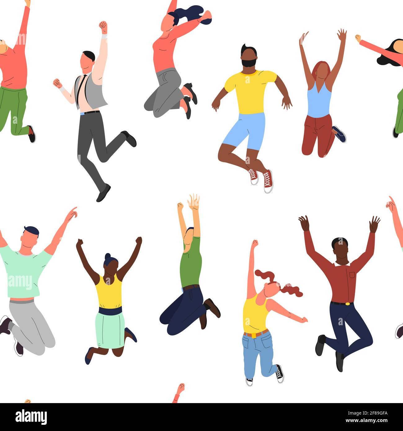 Seamless pattern with crowd of young happy multinational diverse people in jumping poses with hands up Stock Vector