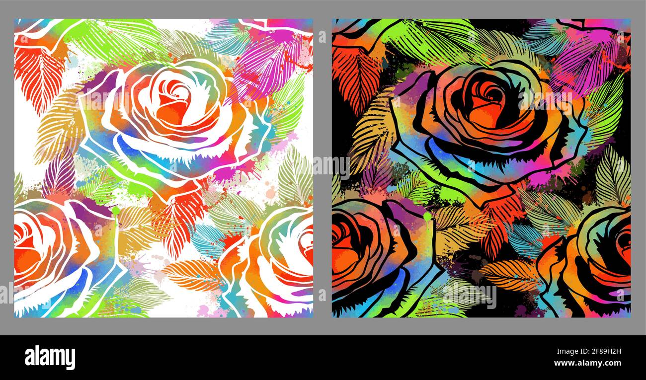Multicolored roses seamless pattern. Dark and light background. Vector illustration Stock Vector