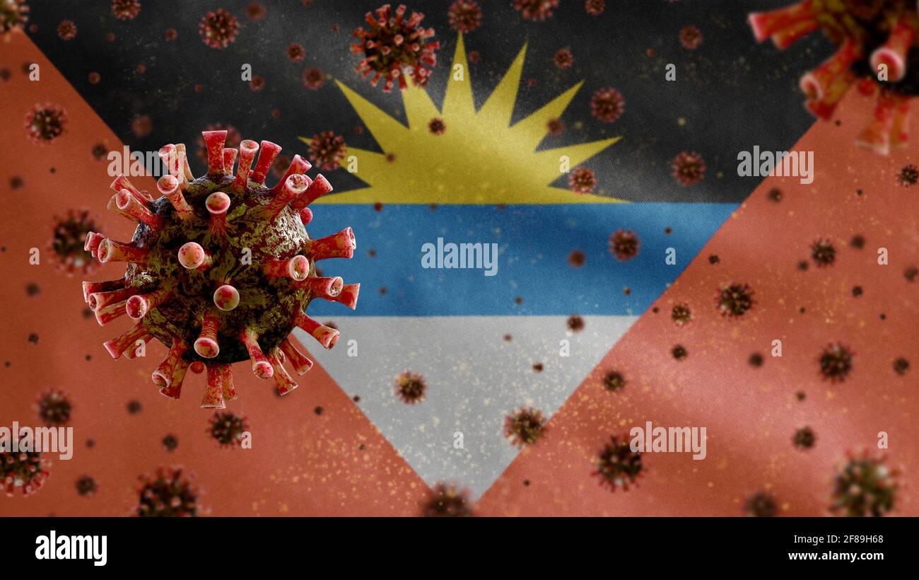 3D, Flu coronavirus floating over Antiguan and Barbudan flag, a pathogen that attacks the respiratory tract. Antigua and Barbuda banner waving with pa Stock Photo