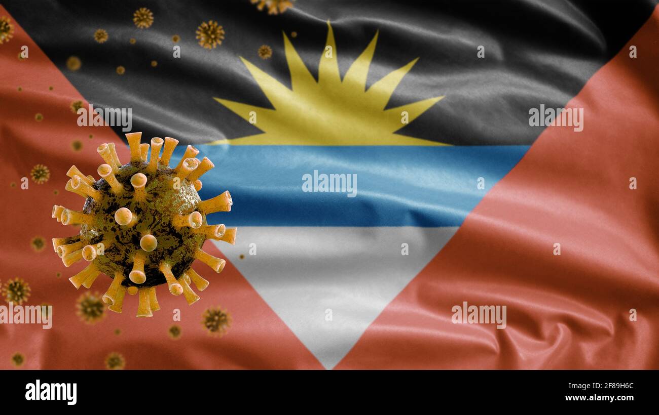 3D, Antiguan and Barbudan flag waving and Coronavirus 2019 nCov concept. Asian outbreak in Antigua and Barbuda. Microscope virus Covid19 Stock Photo
