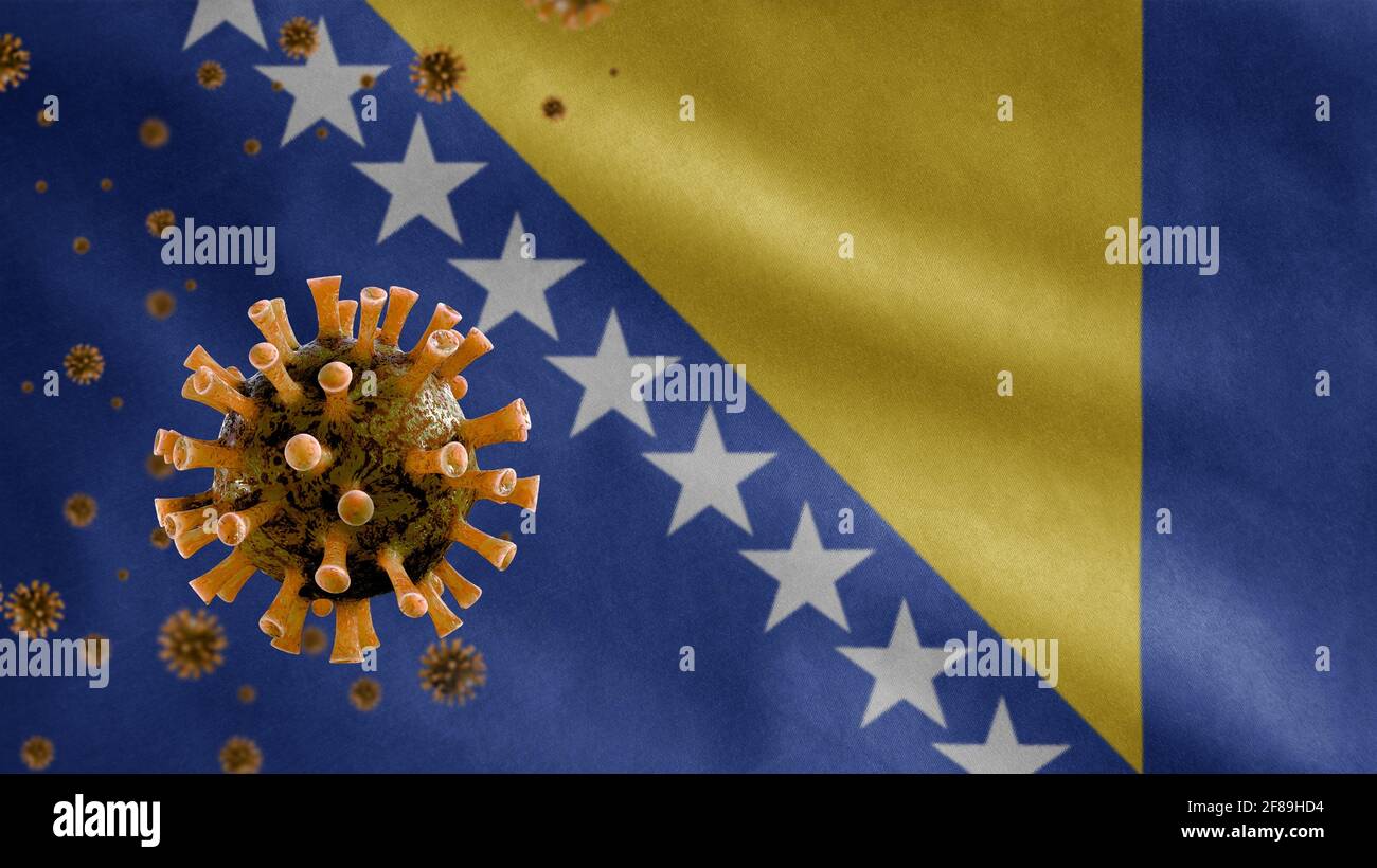 3D, Bosnian flag waving with Coronavirus outbreak infecting respiratory system as dangerous flu