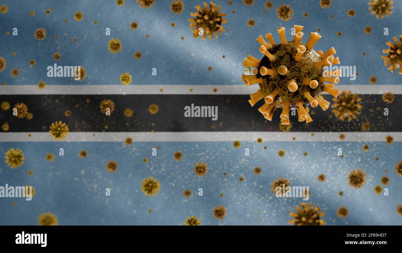 3D, Botswana flag waving with Coronavirus outbreak infecting respiratory system as dangerous flu. Influenza type Covid 19 virus with national Tswana b Stock Photo