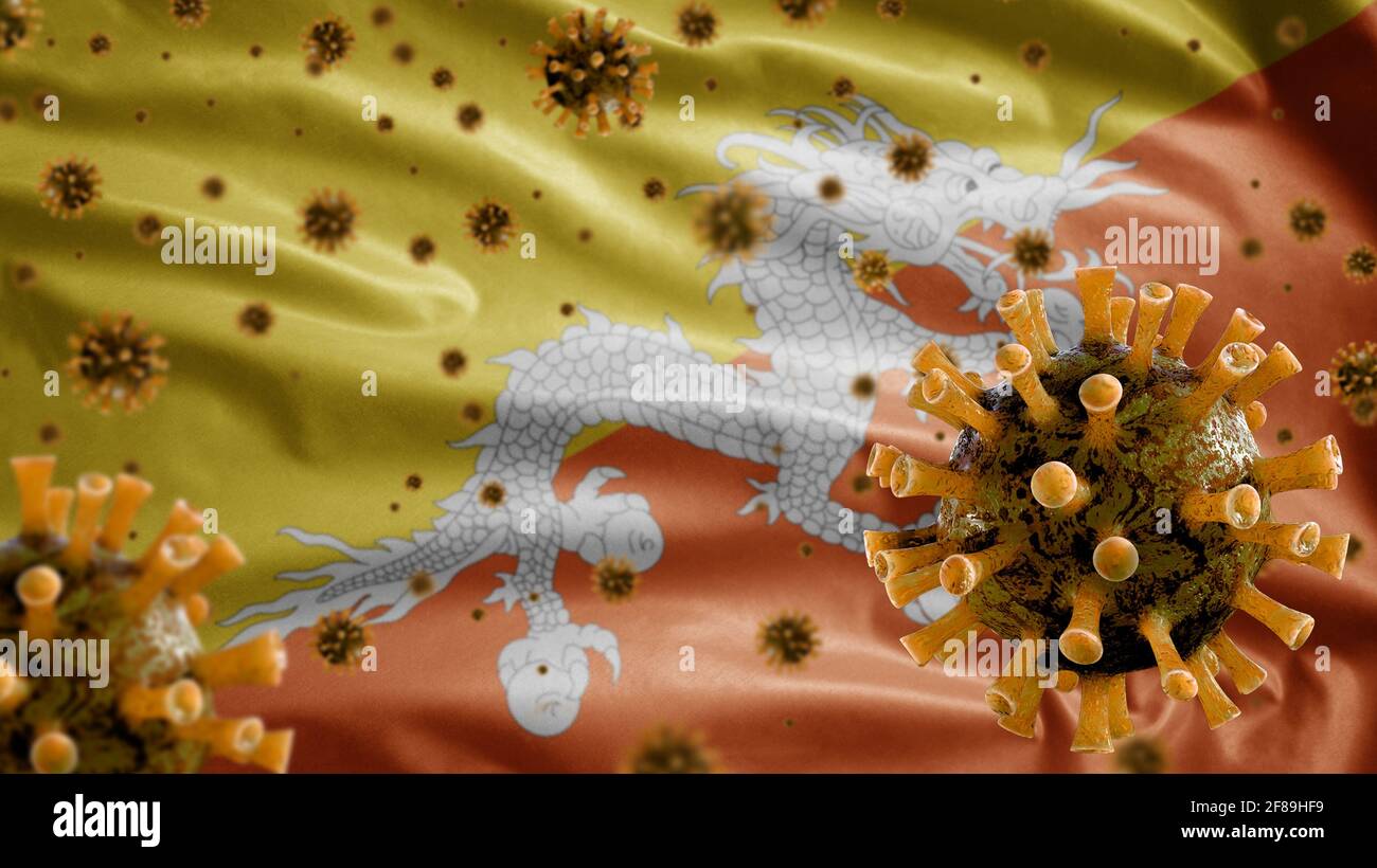 3D, Bhutan flag waving with Coronavirus outbreak infecting respiratory