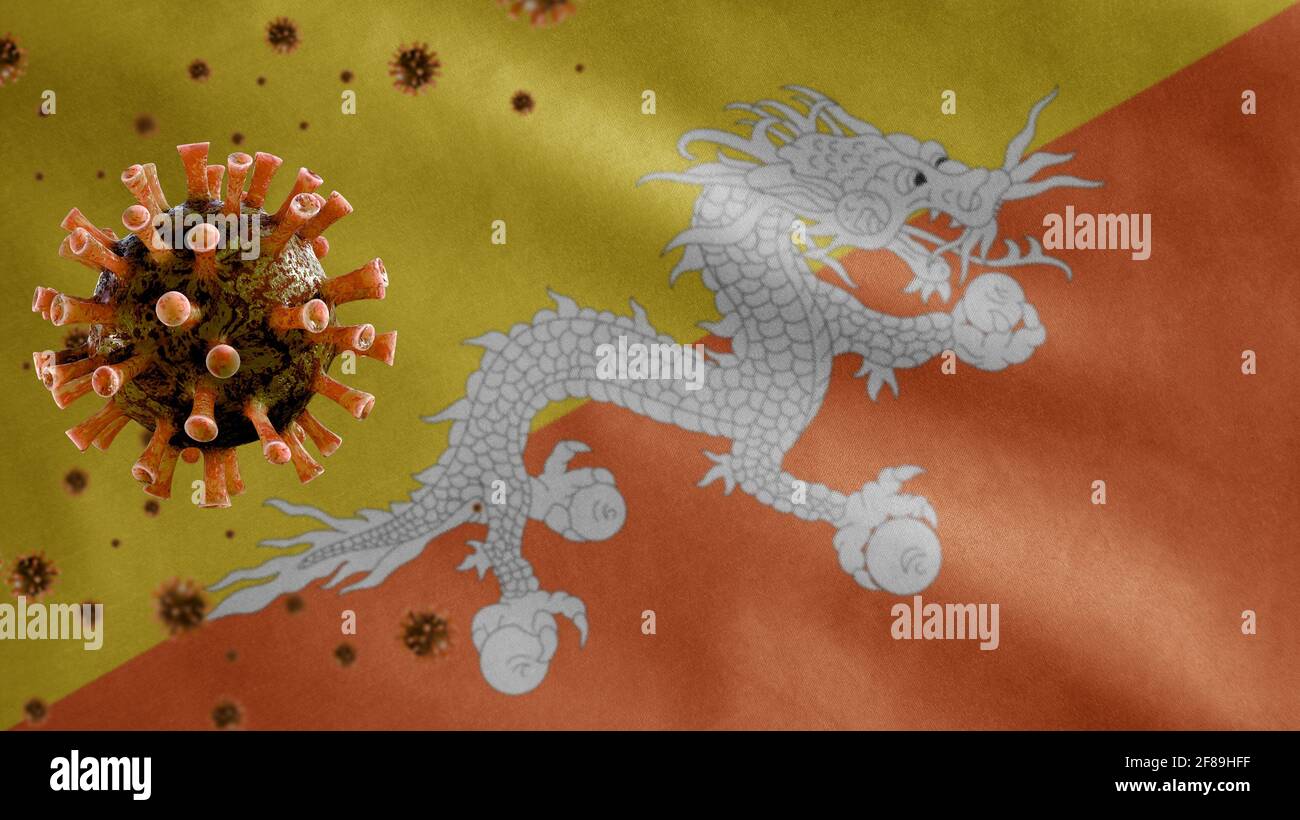 3D, Bhutan flag waving with Coronavirus outbreak infecting respiratory
