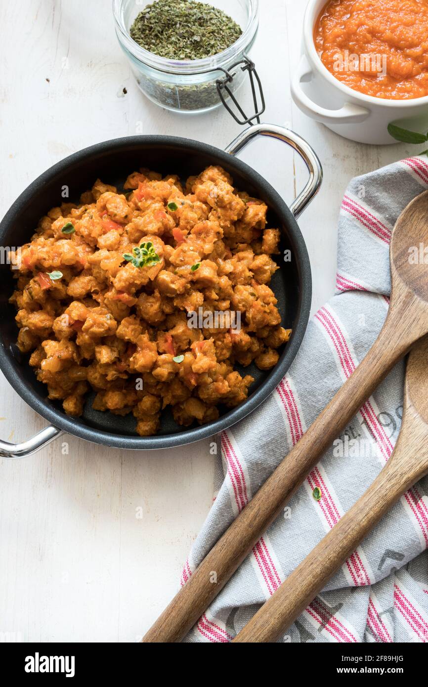 Closeup view of a casserole full delicious of bolognese soya meat . Stock Photo