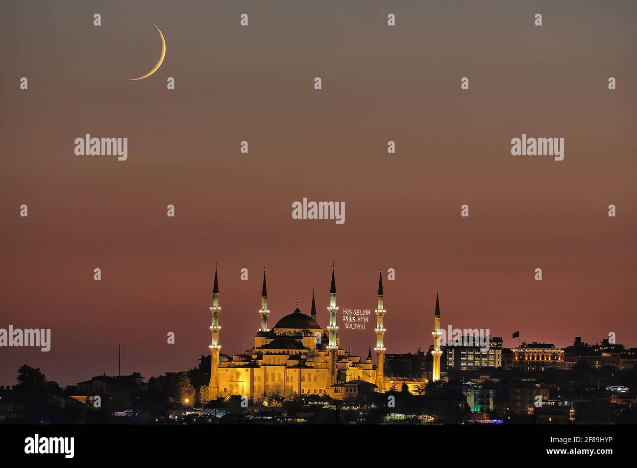 Night view with crescent moon of the Mosque of Sultan Ahmet, the Blue ...