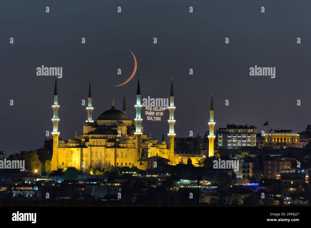 Night view with crescent moon of the Mosque of Sultan Ahmet, the Blue ...