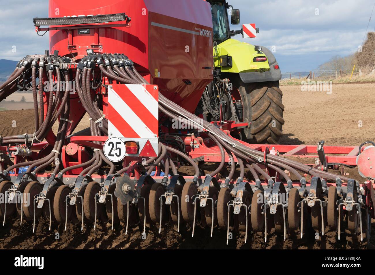 A Detailed View of a Horsch Pronto DC Disc Seed Drill as it Turns at the End of a Field During Sowing Stock Photo