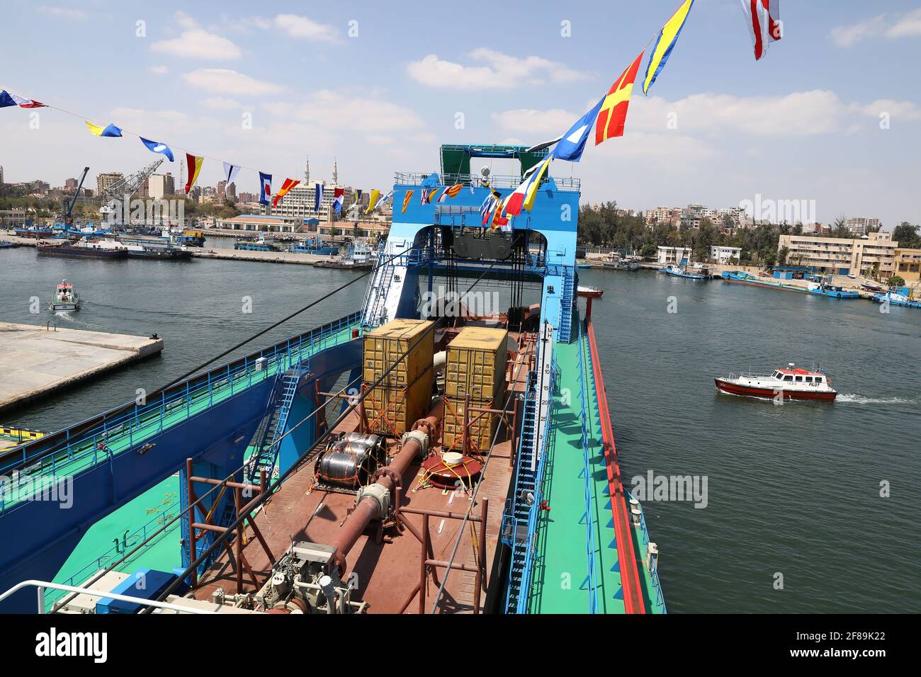 Ismailia, Egypt. 12th Apr, 2021. Photo taken on April 12, 2021 shows a large cutter suction dredger (CSD) on Timsah Lake in Ismailia, northeastern Egypt. Egypt's Suez Canal Authority (SCA) celebrated on Monday the recent arrival of the large cutter suction dredger (CSD). Credit: Ahmed Gomaa/Xinhua/Alamy Live News Stock Photo