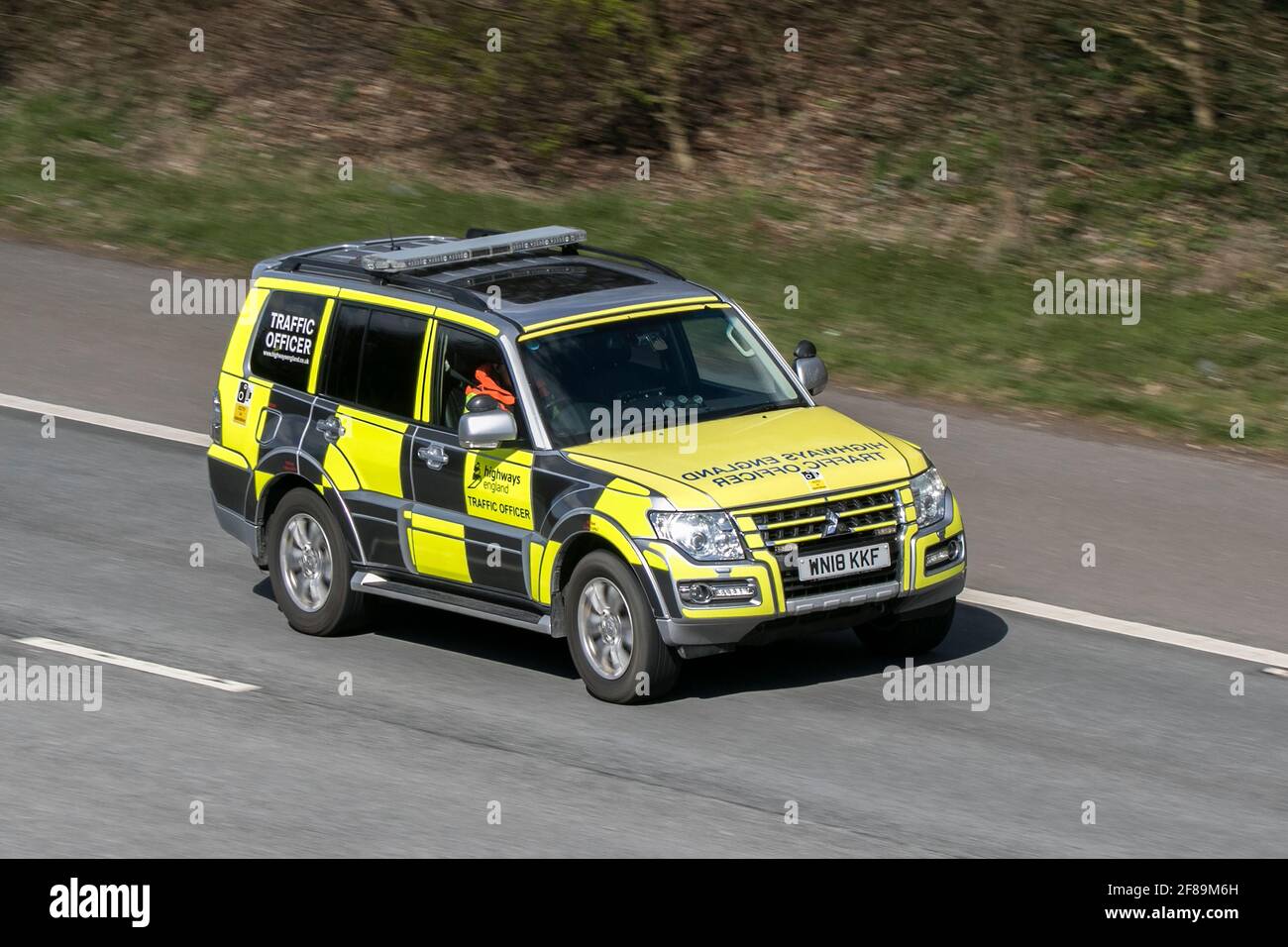 Highways Agency Traffic Officer driving on the M6 motorway near Preston in Lancashire, UK. Stock Photo
