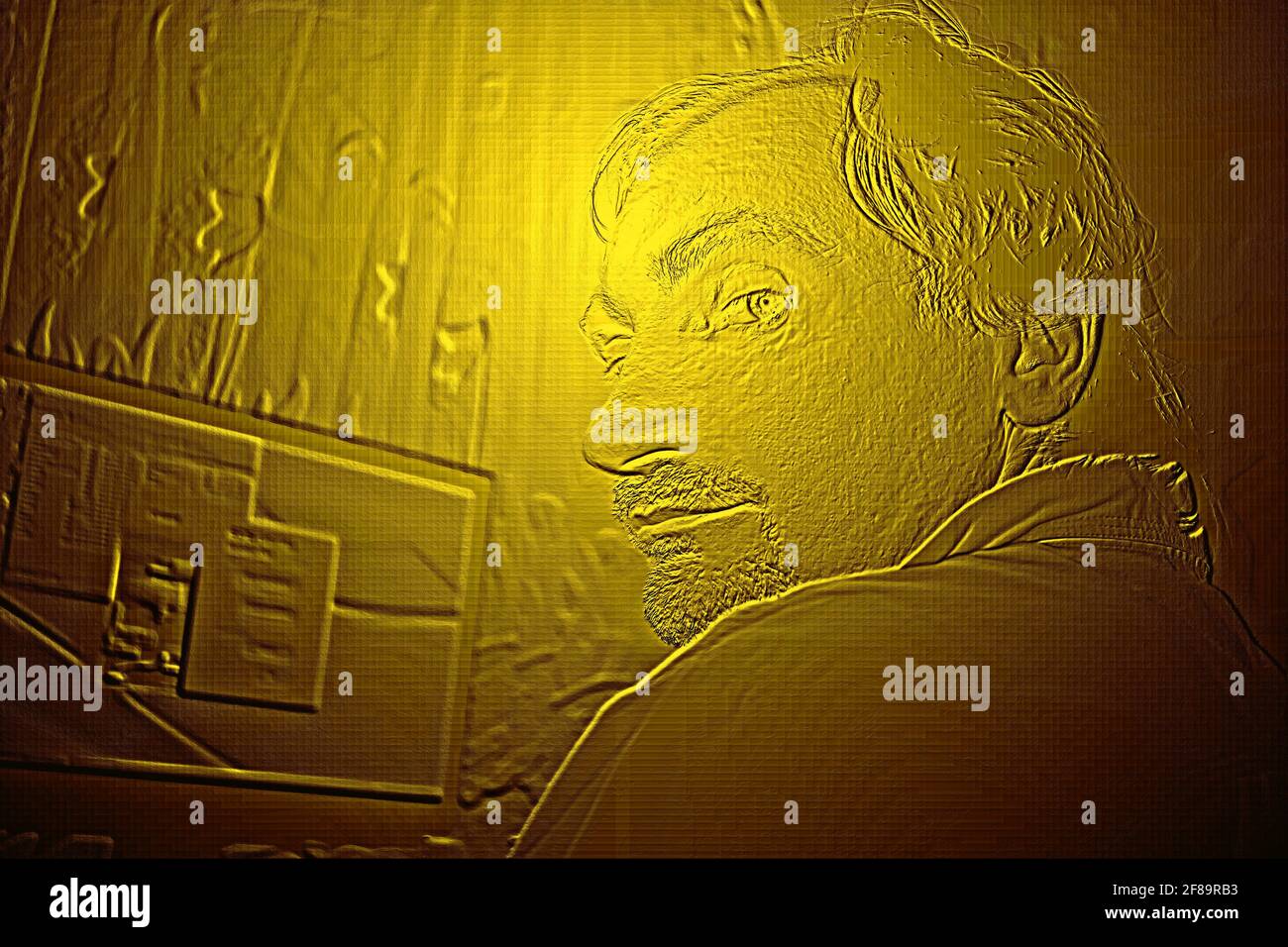 Man sits in a half-turn on a computer monitor, artistic pattern, art illustration in golden hues Stock Photo