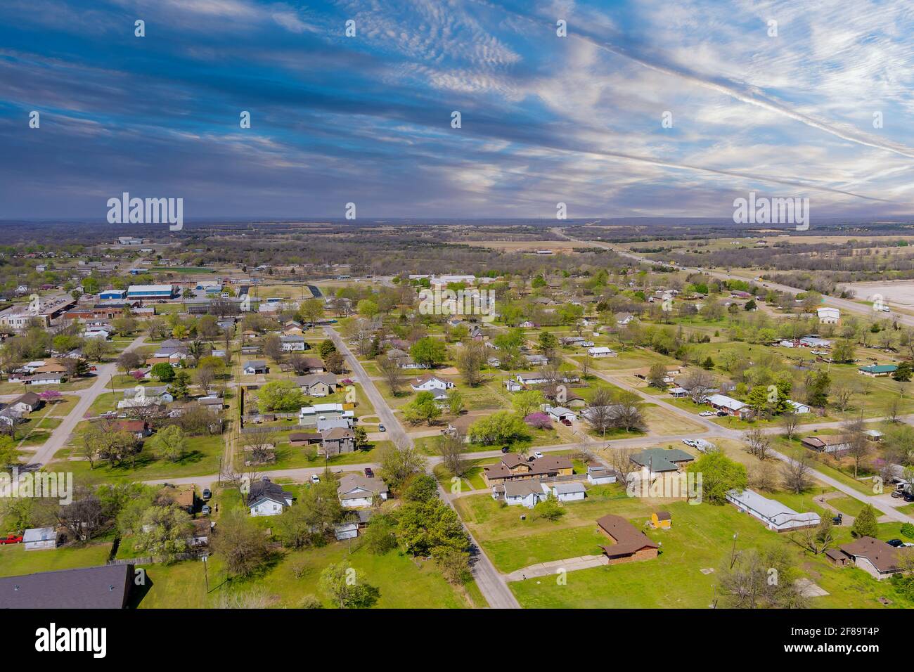 Aerial view panorama of a Stroud small town city of residential district at suburban development with an Oklahoma USA Stock Photo