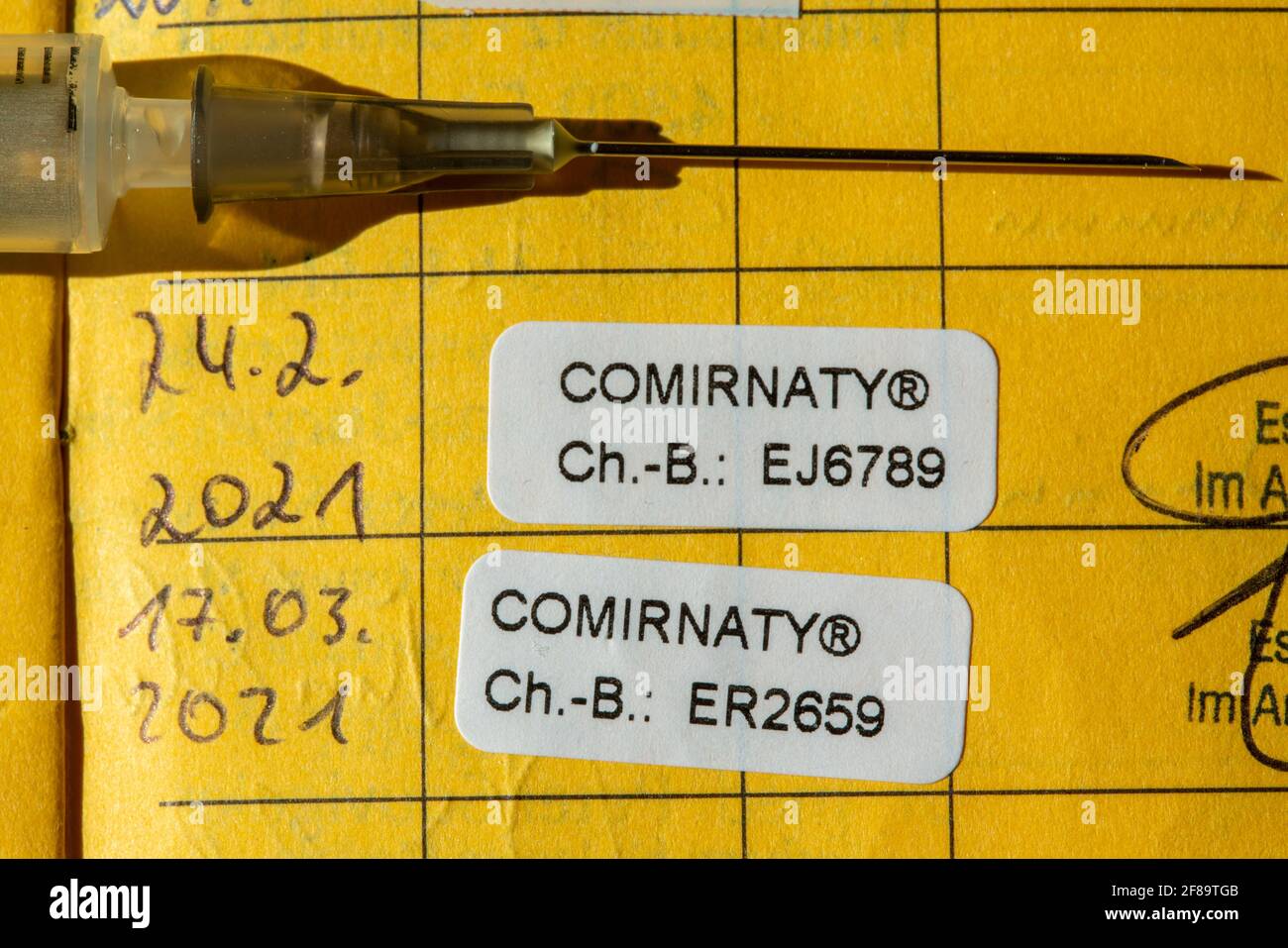 Vaccination book, proof of double vaccination with the Corona vaccine from BioNTEch/Pfizer, COMIRNATY/BNT162B2, against the Covid-19 virus, vaccinated Stock Photo