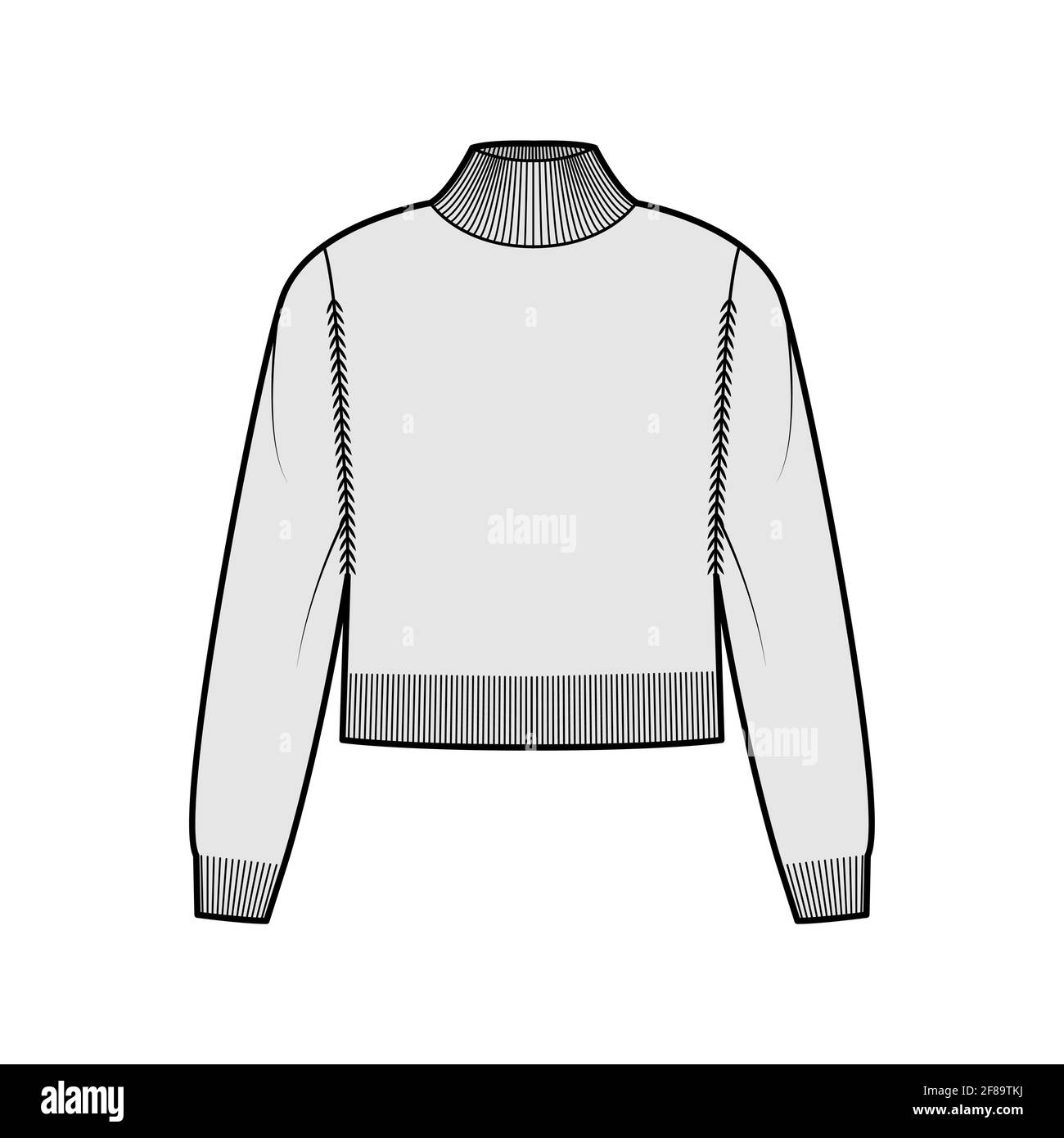 Turtleneck Sweater cropped technical fashion illustration with long sleeves, relax body, waist length, knit trim. Flat jumper apparel front, grey color style. Women men unisex CAD mockup Stock Vector