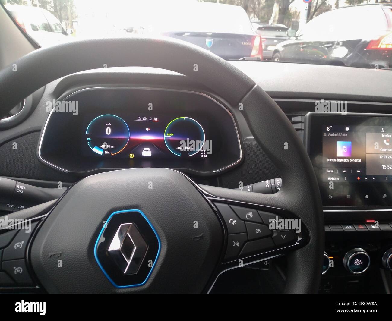 New Renault Zoe electric car interior. Steering wheel with control