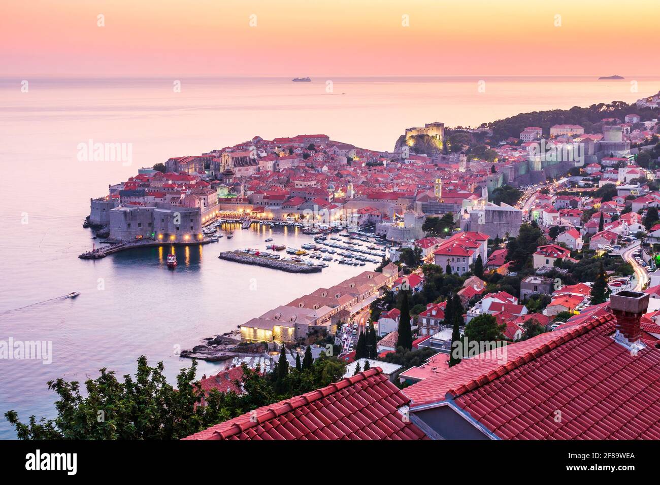 Dubrovnik, Croatia. Panoramic view of the walled city at sunset. Stock Photo