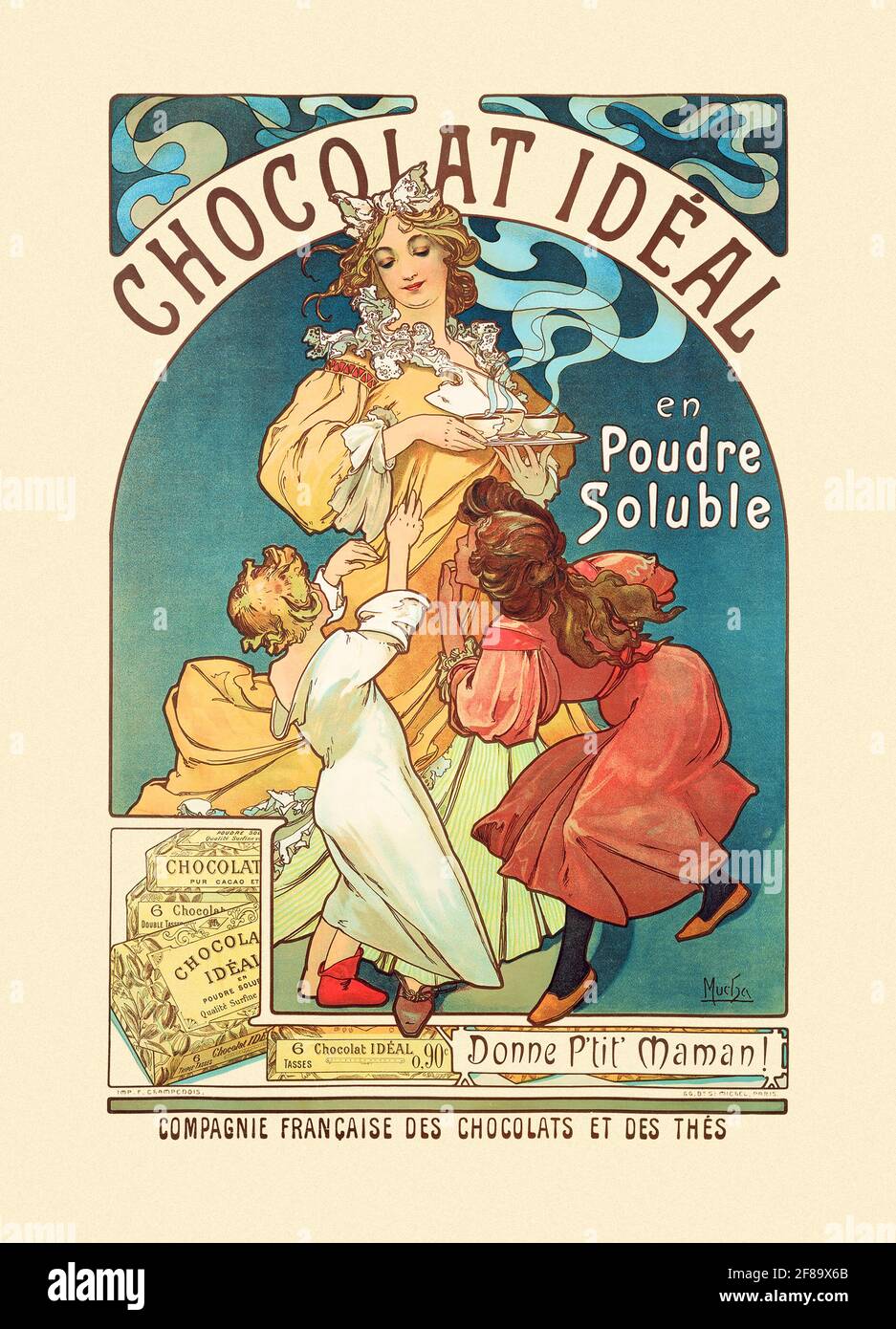 Chocolat Ideal – Art Nouveau by Alphonse Mucha. 1897. Digitally enhanced. Advertisement created for the Compagnie Française des Chocolats des Thés. Stock Photo