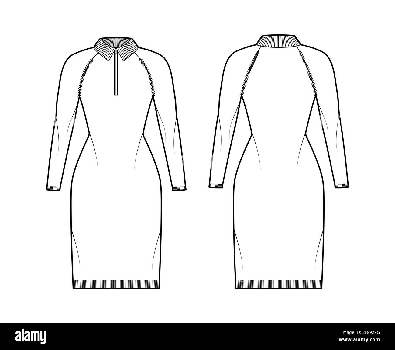 Zipup dress Sweater technical fashion illustration with rib henley neck, classic collar, long