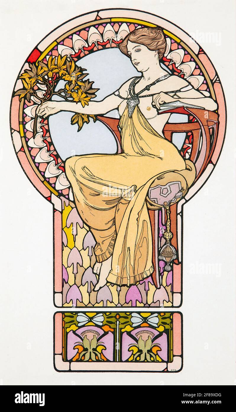 Seated Woman, plate no. 48 from Documents Decoratifs, 1901 – Art Nouveau by Alphonse Mucha Stock Photo