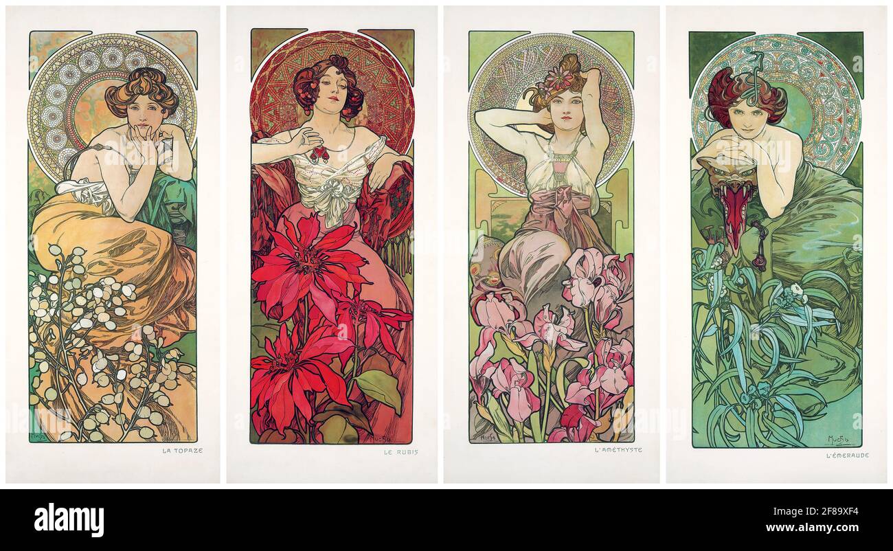 Art Nouveau by Alphonse Mucha. Les Pierres Précieuses 1900. (Precious Stones). Stock Photo