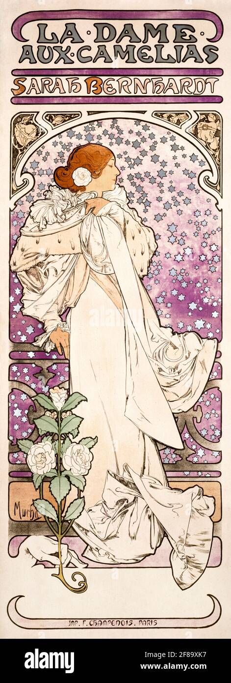 La dame, aux camelias, Sarah Bernhardt (1896) by Alphonse Maria Mucha. Art Nouveau. Stock Photo