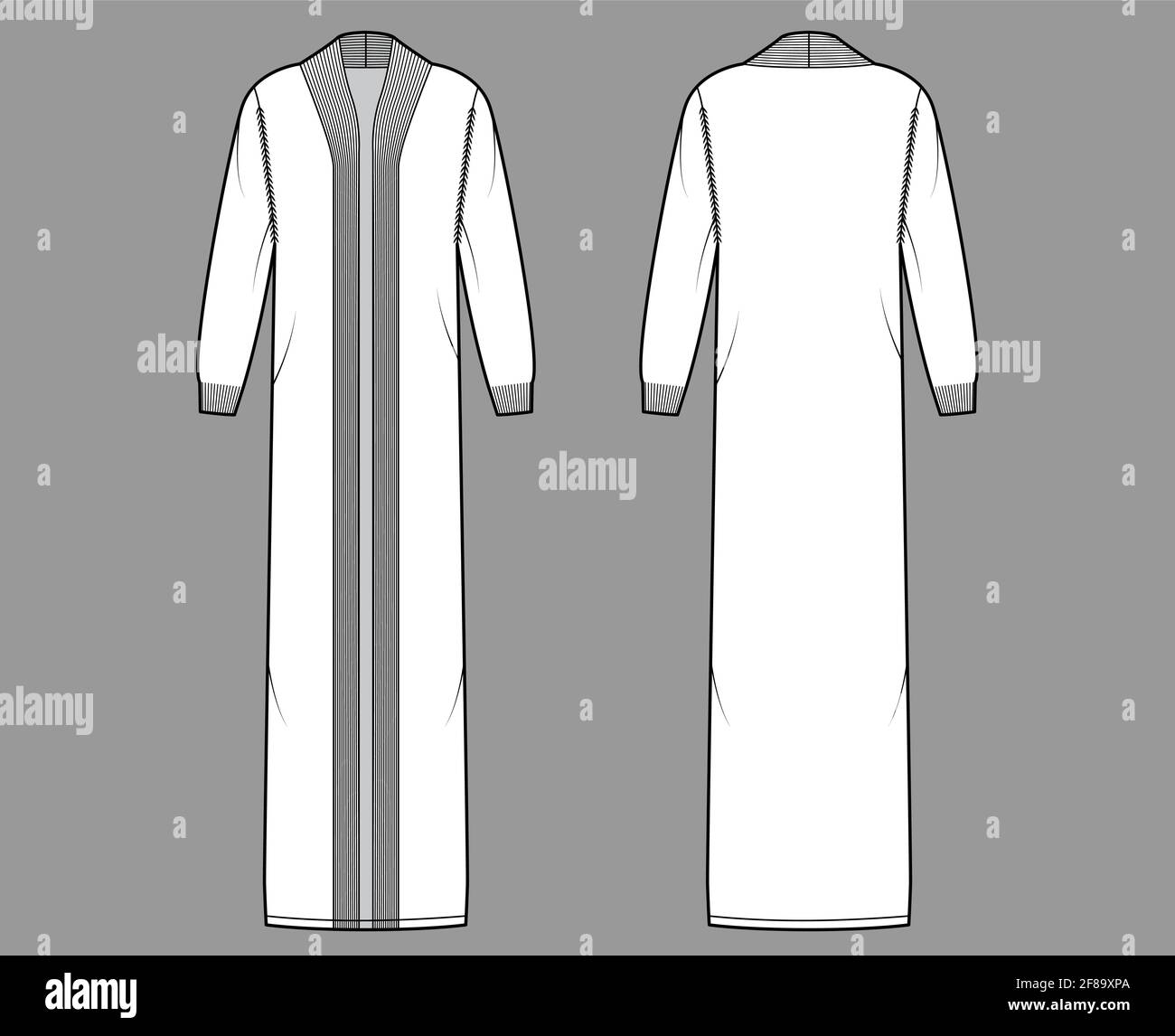 Maxi cardigan technical fashion illustration with rib shawl neck, long sleeves, oversized, floor length, knit trim. Flat Sweater apparel front, back, white color style. Women, men unisex CAD mockup Stock Vector