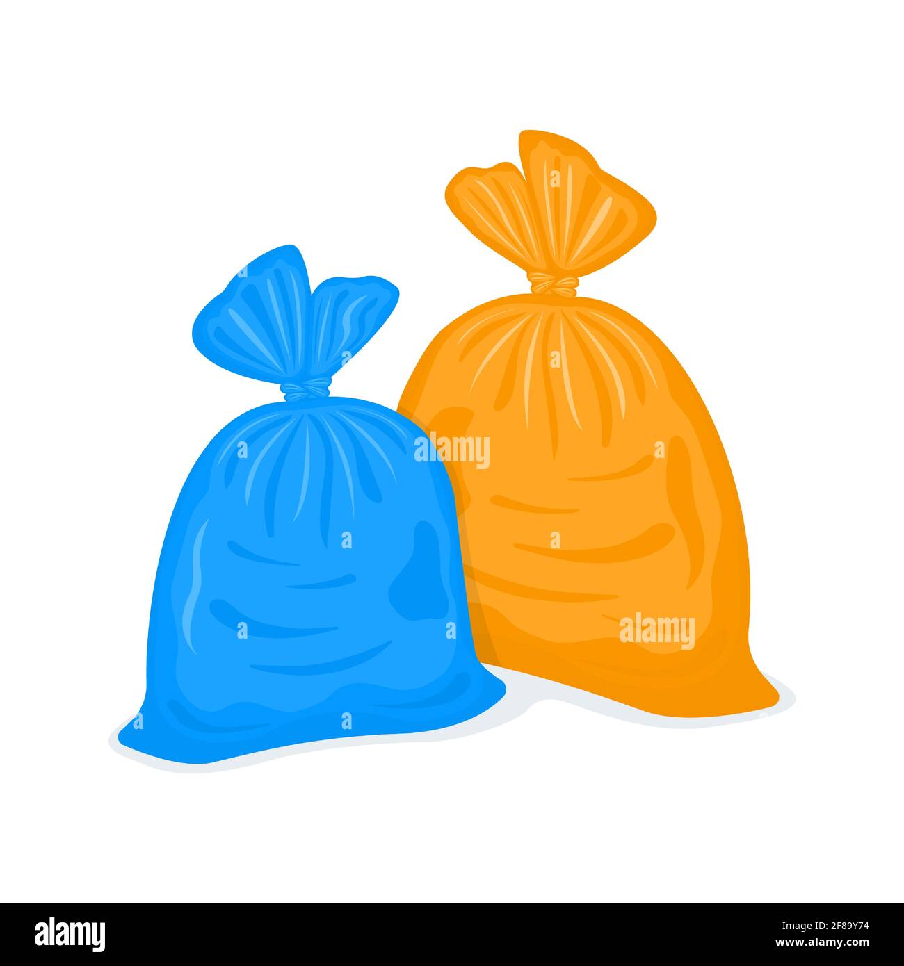 Tied plastic garbage bags. Filled rubbish packages isolated on white background. Blue and orange packs with trash. Vector cartoon illustration. Stock Vector