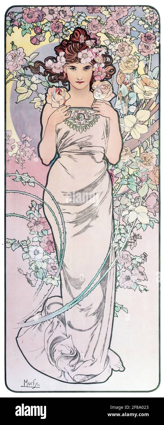 Les Fleurs Rennert 1898 – Art Nouveau by Alphonse Mucha Stock Photo