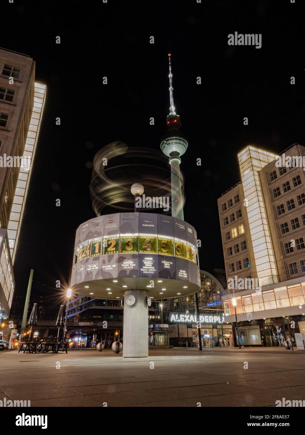 Berlin, Germany. 12th Apr, 2021. The World Time Clock and the TV Tower are  among the most famous landmarks on Alexanderplatz. (long exposure) Credit:  Paul Zinken/dpa-Zentralbild/dpa/Alamy Live News Stock Photo - Alamy