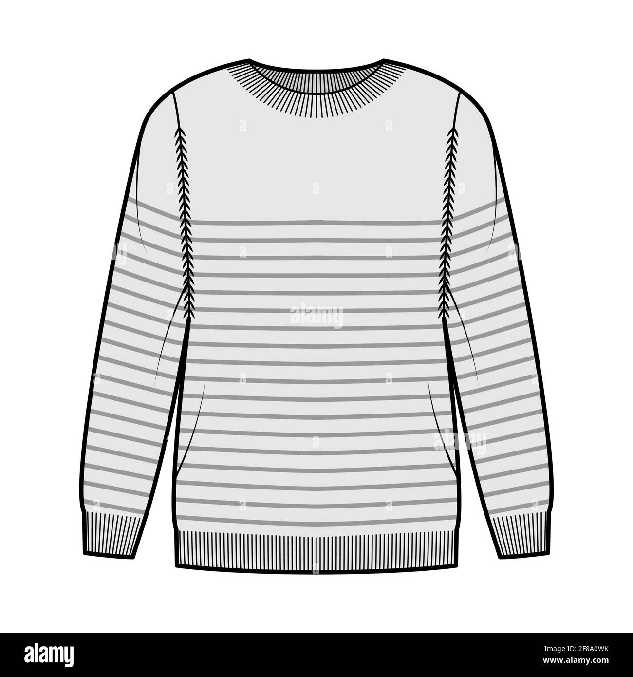 Sailor Sweater Striped Pullover technical fashion illustration with rib  crew neck, long sleeves, oversized, hip length, knit cuff. Flat apparel  front, grey color style. Women, men unisex CAD mockup Stock Vector Image