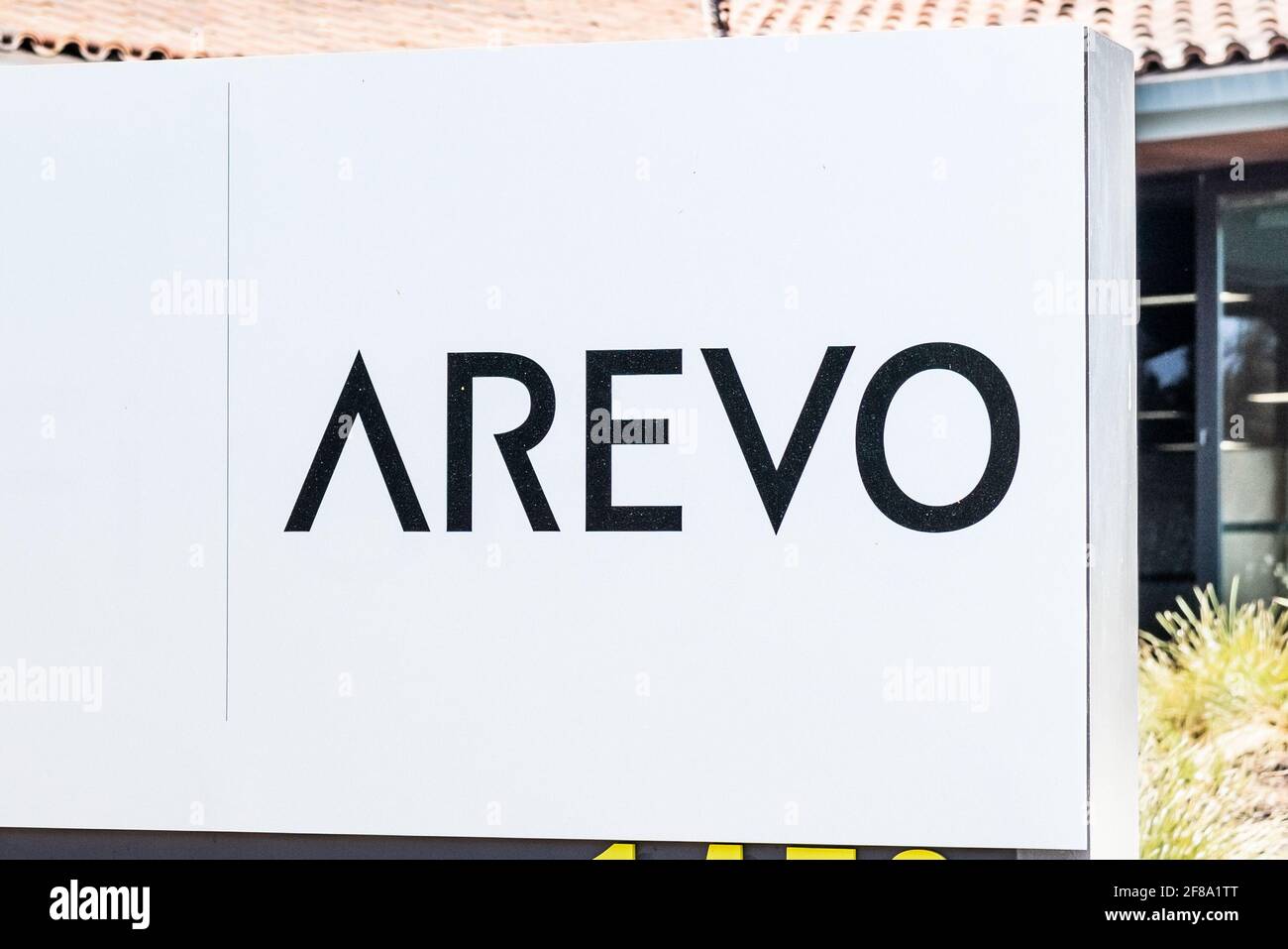 Sep 24, 2020 Milpitas / CA / USA - Arevo logo at their headquarters in Silicon Valley; Arevo, Inc. develops 3D printing technology Stock Photo