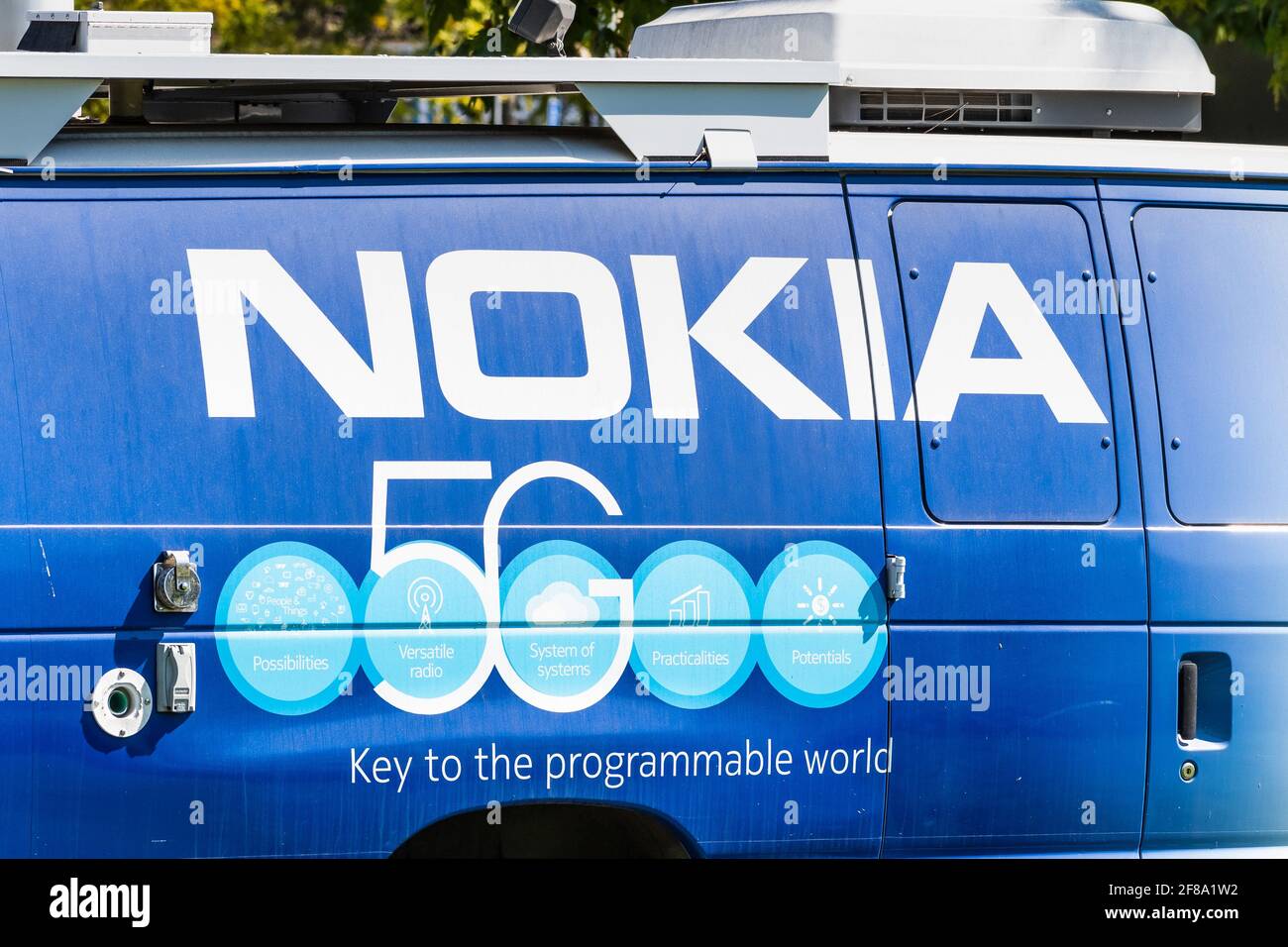 Sep 26, 2020 Mountain View / CA / USA - Nokia 5G logo printed on a van parked at the Company's Silicon Valley campus; Nokia is offering 5G services to Stock Photo