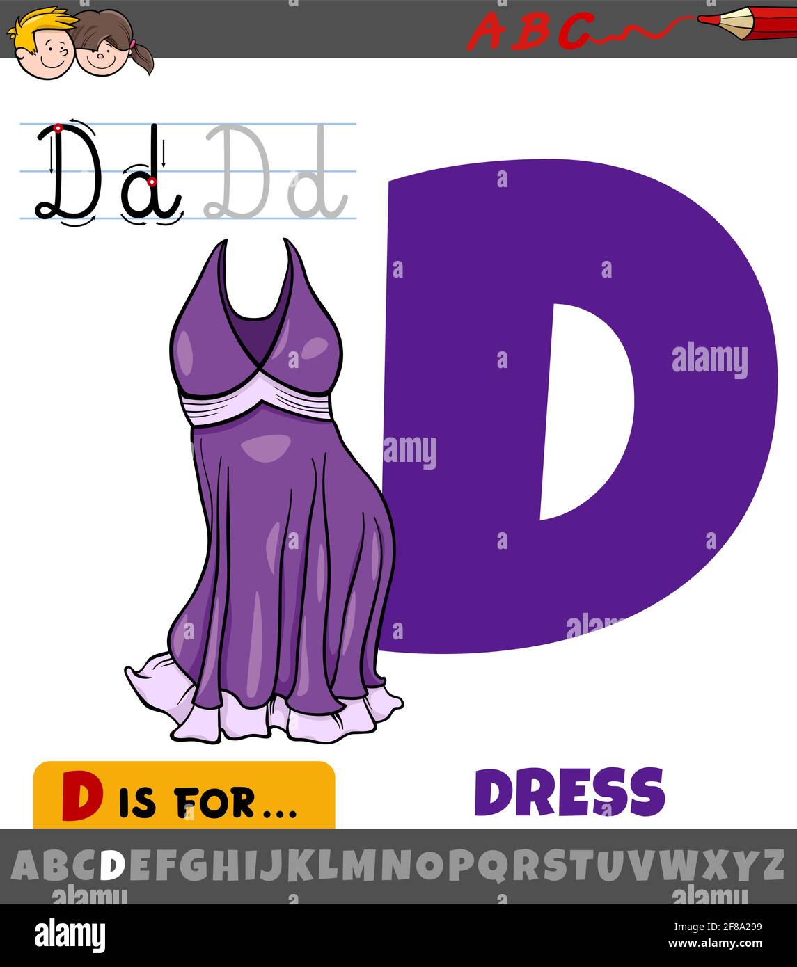 Educational cartoon illustration of letter D from alphabet with dress object Stock Vector