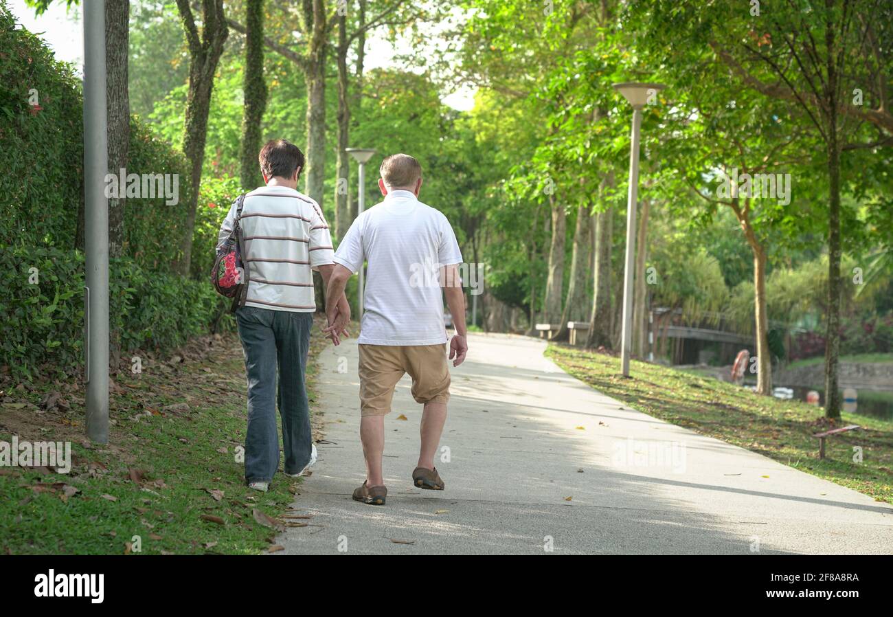 Senior Asian couple holding hands and walking in the park. Back view. Stock Photo