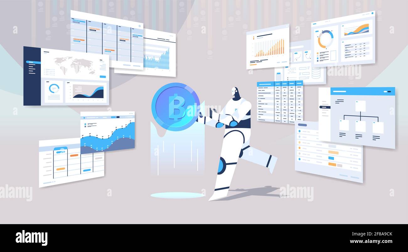 robot holding bitcoin crypto currency web money mining passive income  earnings artificial intelligence concept Stock Vector Image & Art - Alamy