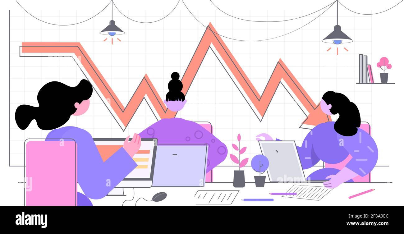 woman drawing decrease diagram with red down arrow on... businesswomen using laptop analyzing red arrow downwards chart data ...