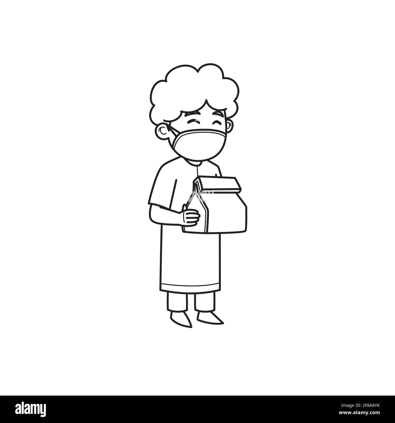 Child Character Holding a Gift to Distribute. Vector Illustration. Coloring Book. Stock Vector