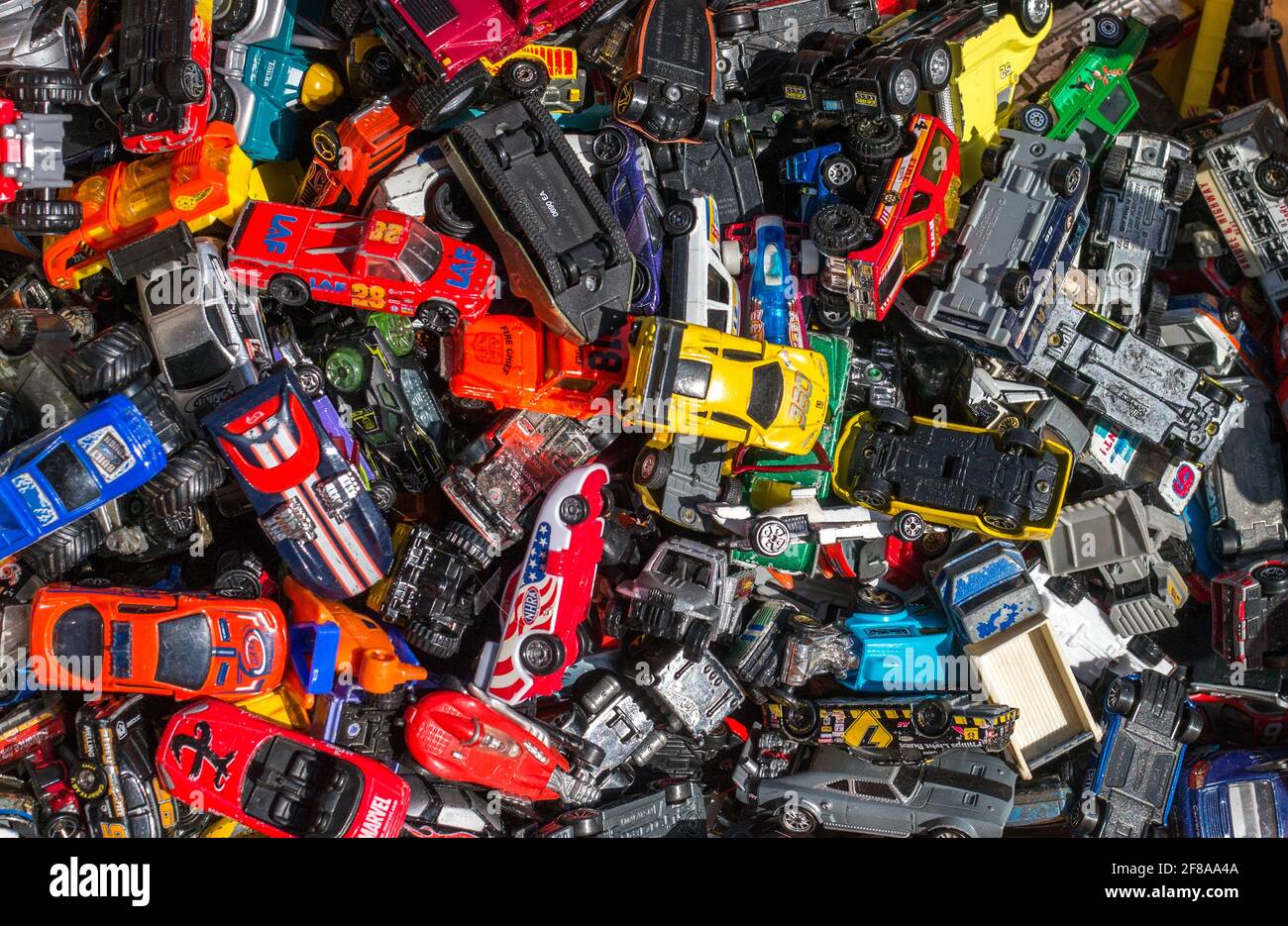 Coloma MI USA May 5 2019; a box of collectable hot wheel and match box cars are for sale at a area yard sale Stock Photo