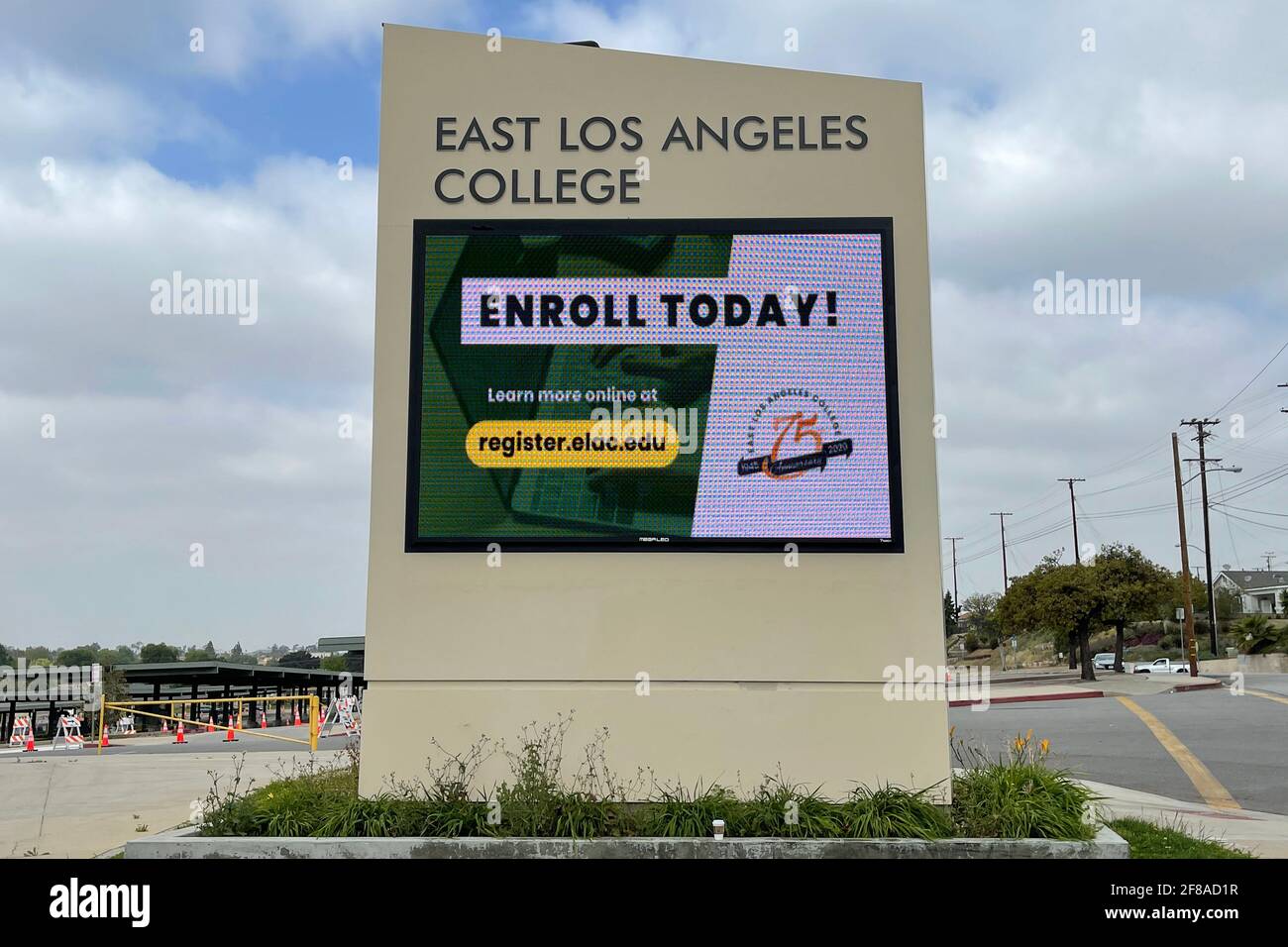An online enrollment message on the marquee sign at East Los Angeles College, Monday, April 12, 2021, in Monterey Park, Calif. Stock Photo