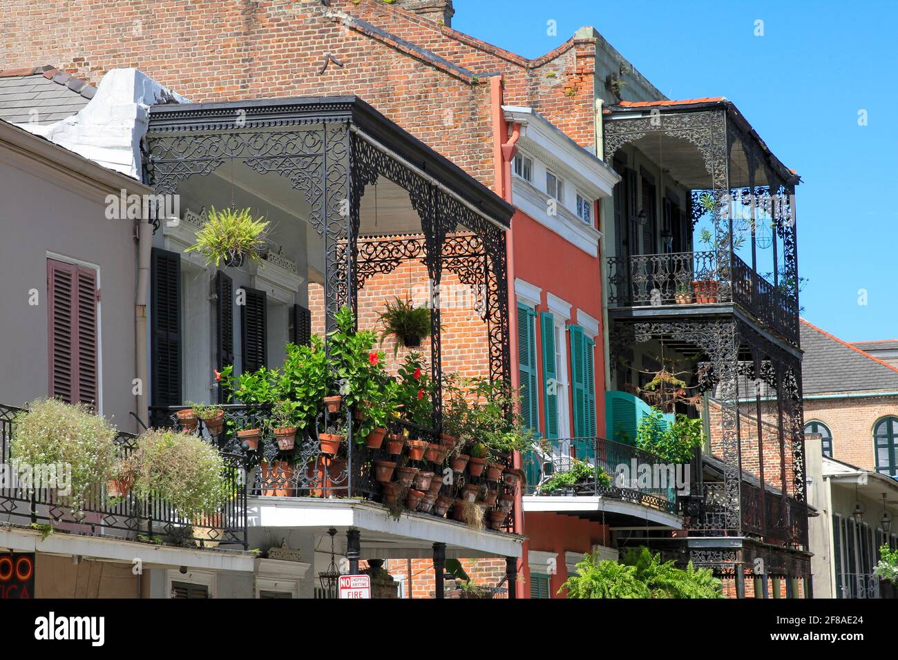 Wrought iron balconies with flowers on the facades of New Orleans homes Stock Photo