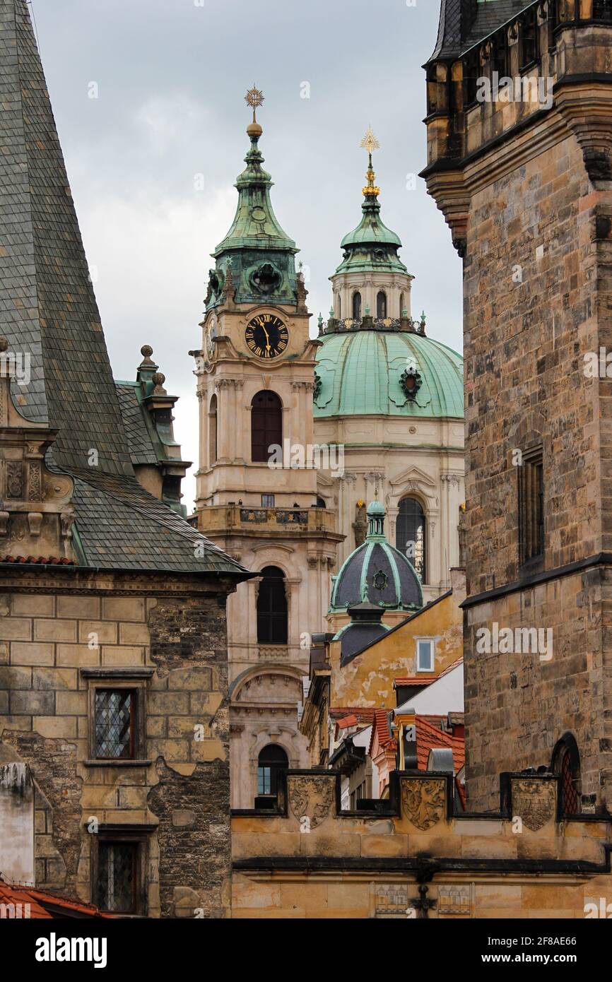 Brick Towers, Steeples and Dome of Prague, Czech Republic Stock Photo